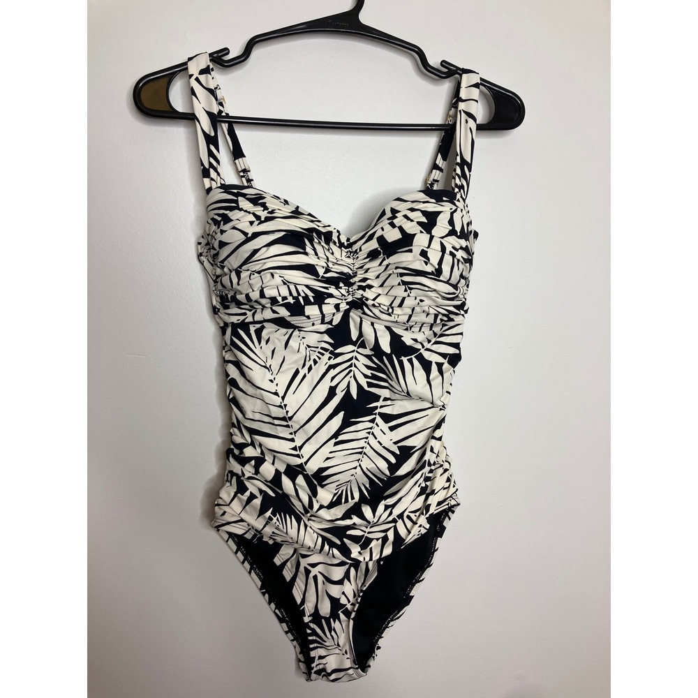 Bleu Rod Beattie One Piece Swimsuit Womens 6 Black White Palm Ruched Excellent